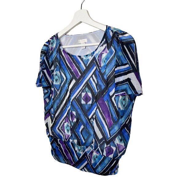 Chicos Blue Purple Print Mesh Blouse Medium Slit Sleeve Casual - Picture 4 of 12